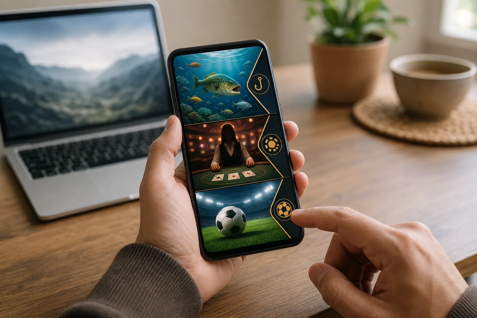 Lantern Reel game lobby showing fishing, live casino, and sports sections on a phone